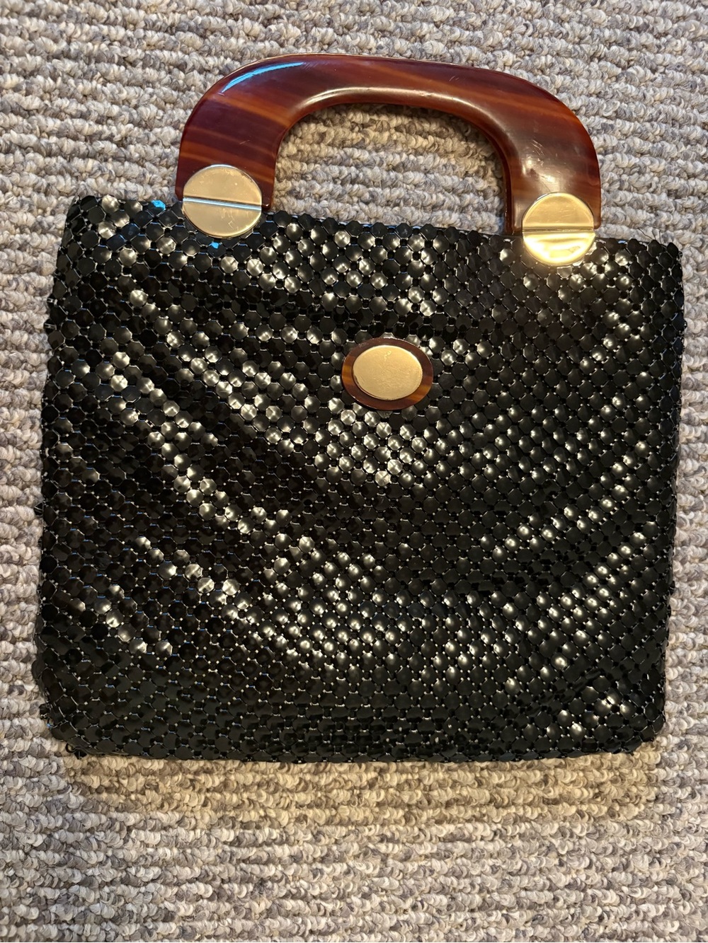 Whiting & Davis Black Sequin Mini Tote with Wood-Look Handle